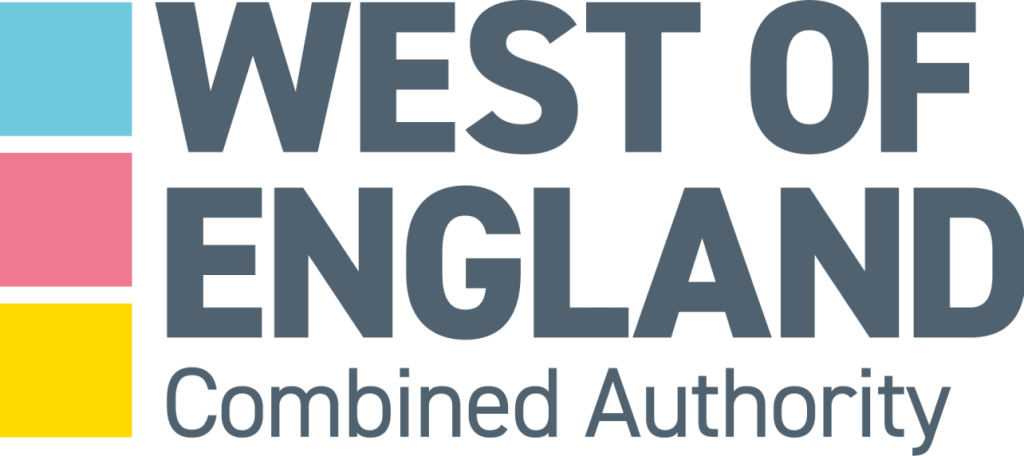 The West Of England Combined Authority logo in colours of grey, pink, yellow and blue.