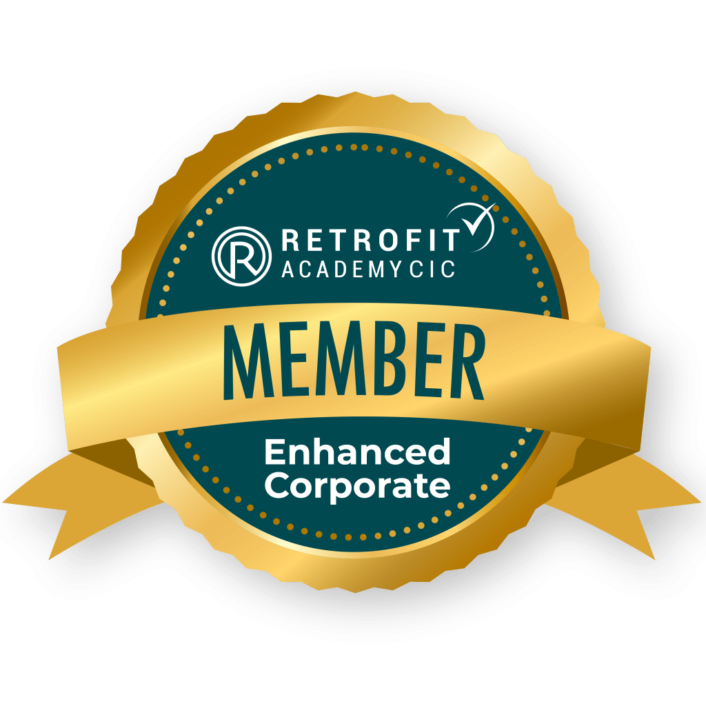 A gold, white and blue Retrofit Academy member enhanced corporate badge.