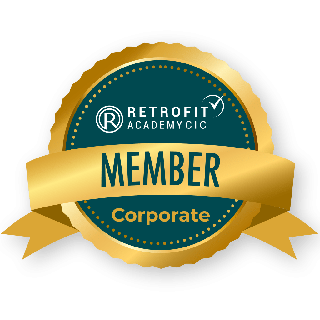 A gold, white and blue Retrofit Academy member corporate badge.