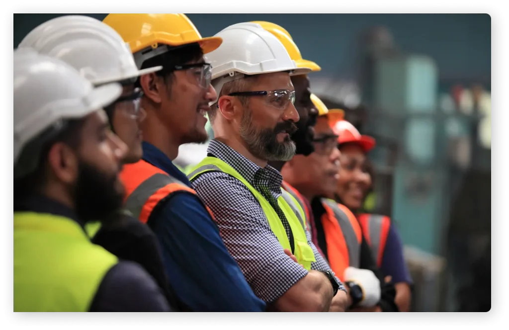 Construction workers all wearing hard hats, glasses and hi-vis vests are in a row looking beyond the camera.