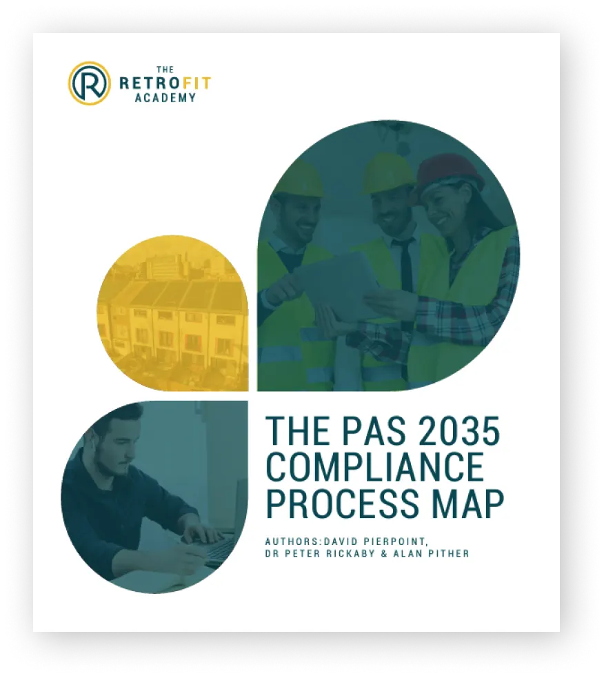A social media post that has pictures of construction workers and office workers on with blue text that reads " The PAS 2035 compliance process map, authors David Pierpoint, Dr Peter Rickaby and Alan Pither".