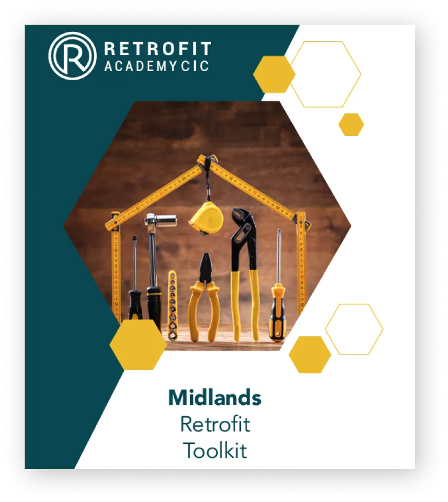 A social media post that has a white and blue background with a geometric shaped picture in the centre of different kinds of tools from a toolkit, the Retrofit logo is in the top left corner and there is blue text that reads "Midlands Retrofit toolkit".