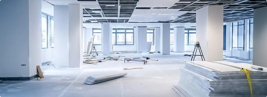 A white room in the process of being built, the room is well lit with windows and has construction materials inside of it.