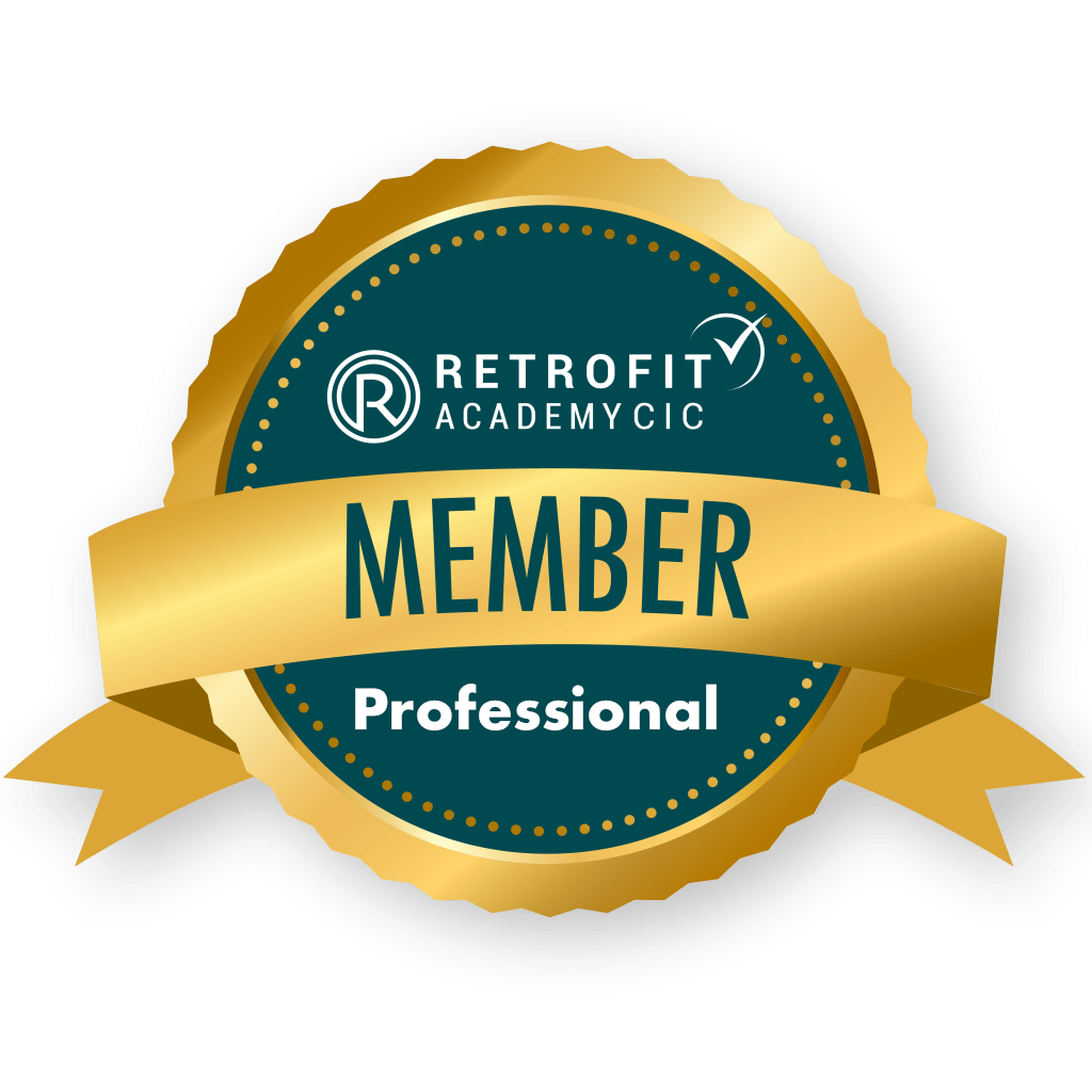 The professional membership badge in gold, blue and white.