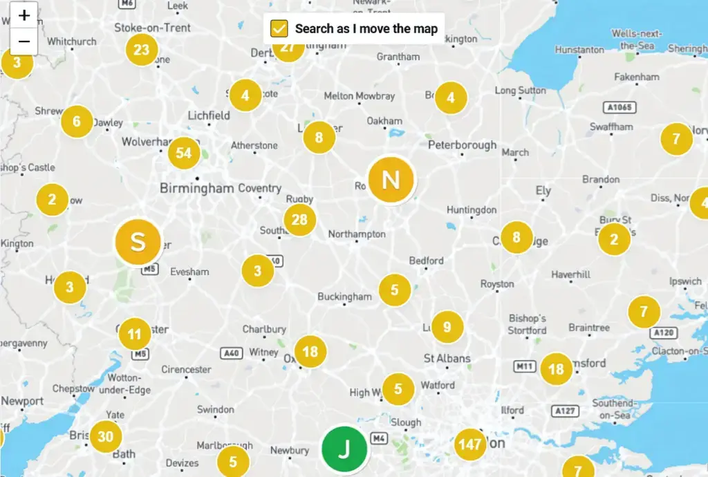 A map with yellow circles containing numbers and black text naming the places on the map.