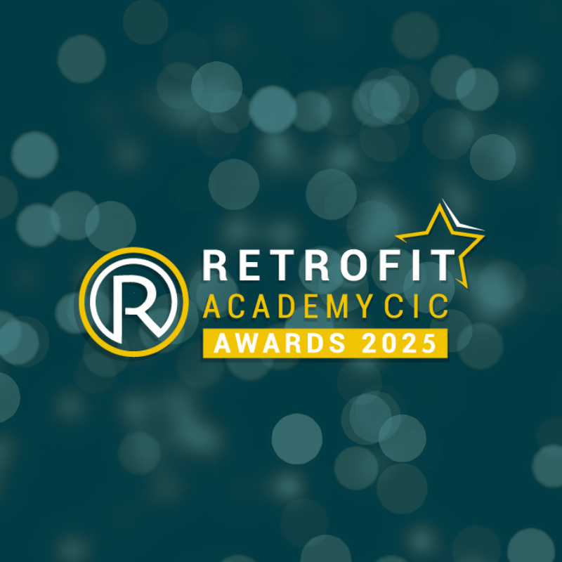 The Retrofit Academy logo with these words "Retrofit Academy CIC Awards 2025" reading in white and yellow bordered text next to it, The background consists of teal and white sparkly dots.
