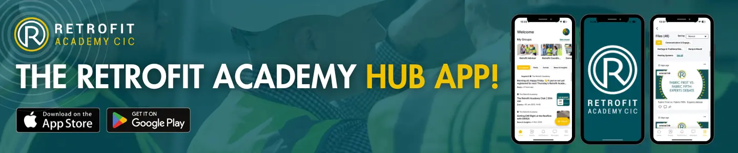 The Retrofit Academy Hub App banner - features branded green overlaid of an image of retrofitters in practice and 3 mobile screenshots of the hub app.