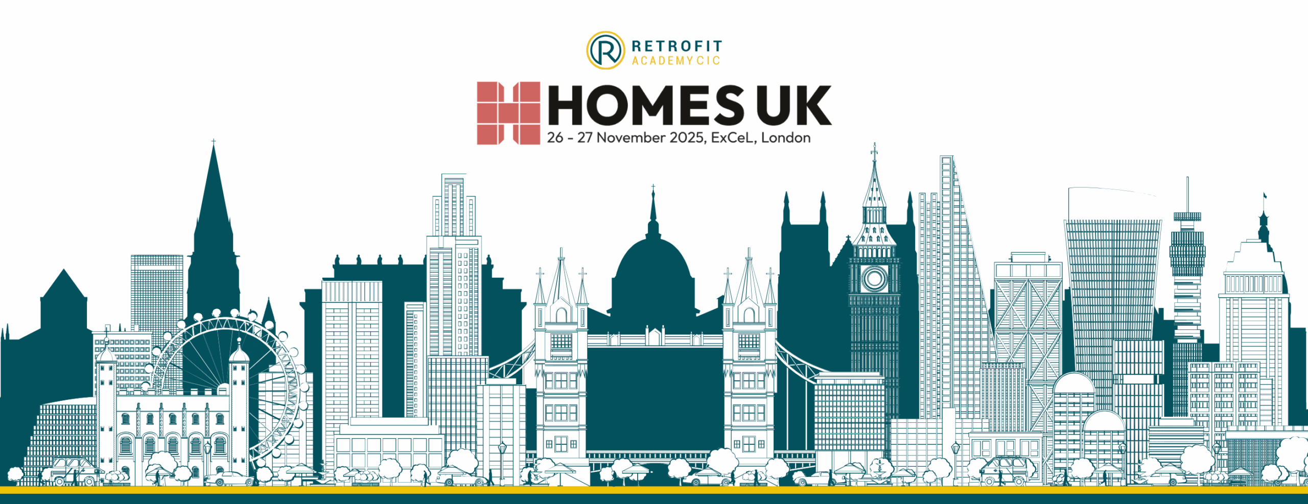 Cartoon graphic of the london skyline, in The Retrofit Academy branded mustard and teal colours, featuring the Homes UK 2025 logo.